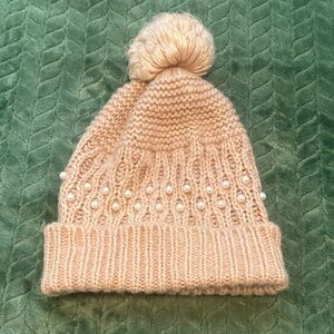 Betsey Johnson Hat Beanie Camel Tan Pearl Accents One Size